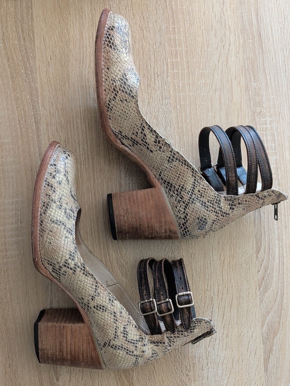 Women’s Snake-Print Block Heel Sandal with Brown Straps
